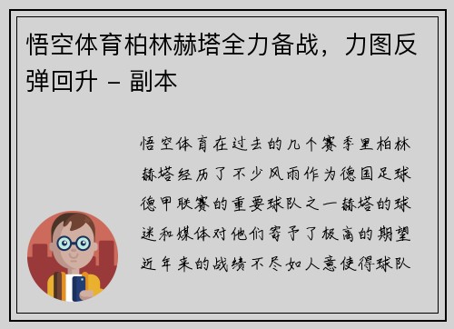 悟空体育柏林赫塔全力备战，力图反弹回升 - 副本